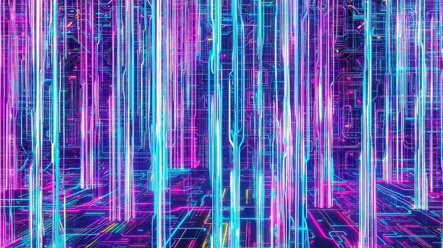 Cyberpunk city grid illuminated by neon lights. Futuristic cityscape for technology product promo or gaming background. Data stream visualization concept.