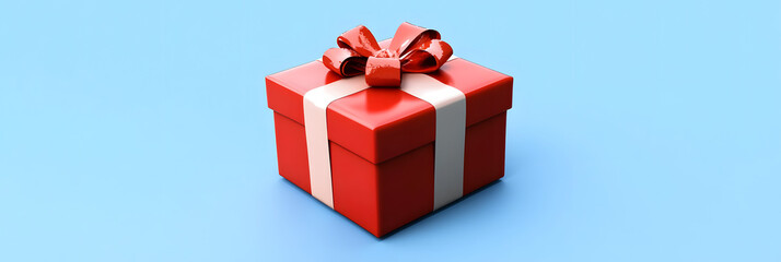 Red Gift Box with White Ribbon on Blue Background – Holiday and Celebration Concept, wide banner 