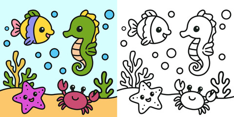 Cute sea animals cartoon character coloring page vector illustration
