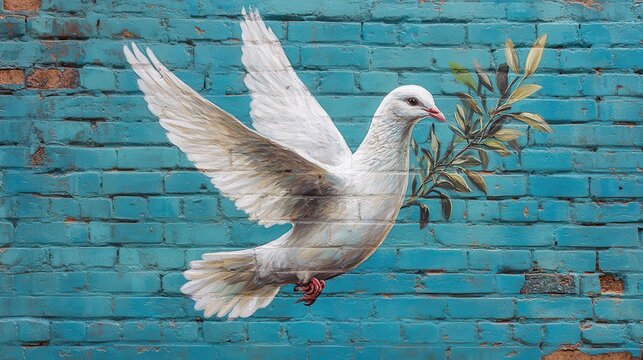 White dove mural on blue brick wall with olive branch