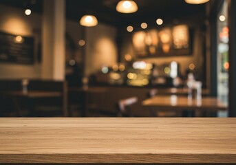 Empty Wooden Table with Blurred Cafe Restaurant Background