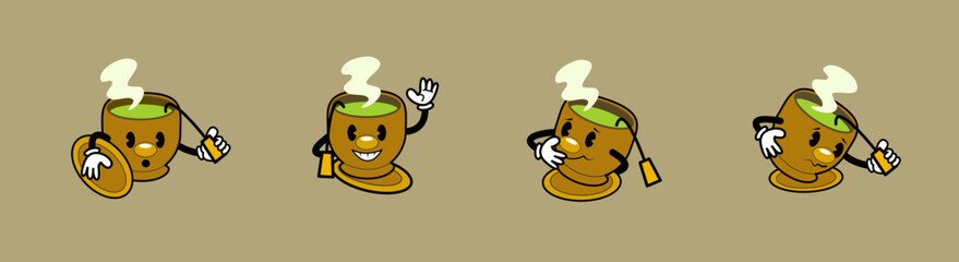 Vector illustration of cute ocha tea cup characters with retro vintage rubberhose style. Expressive emotions: amazed, waving hello, thinking, and confused. Great for stickers, branding, content.