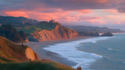 Serene sunset view of a coastal cliff with a church, ocean waves, and a lone figure enjoying the peaceful landscape.