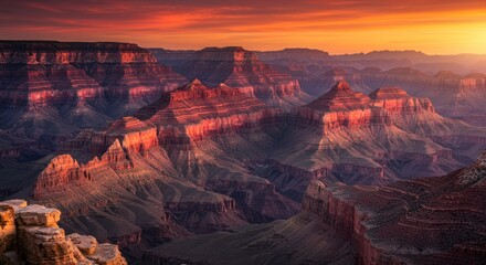 Naklejka premium The dramatic scenery of the Grand Canyon landscape under a colorful sunset sky
