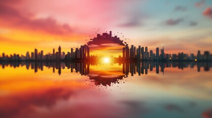 A surreal inverted view of a cityscape seen through a distorted glass lens