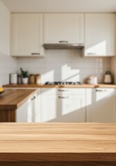 Empty Wooden Table with Blurred Modern Kitchen Background