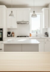 Empty Wooden Table with Blurred White Modern Kitchen Background