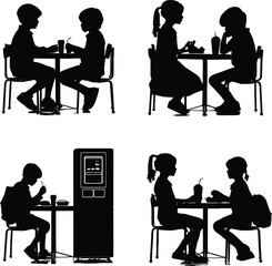 Kids Eating at Tables Silhouette Vectors - School Cafeteria 