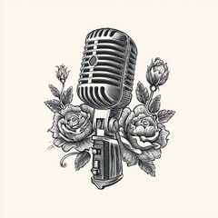 Vintage Microphone with Roses: A classic vintage microphone surrounded by delicate roses in a monochromatic illustration.
