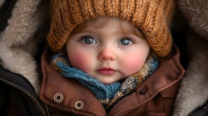 A charming toddler with rosy cheeks gazes intently at the camera wea a warm knit hat and brown coat outdoors.