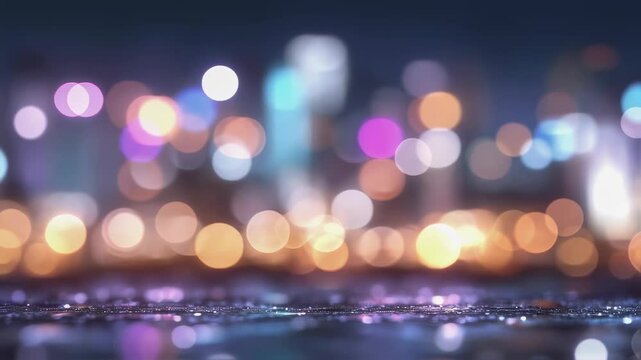 Defocused city lights at night reflecting off wet pavement. Urban nightlife backdrop. Abstract background for music videos or social media content.