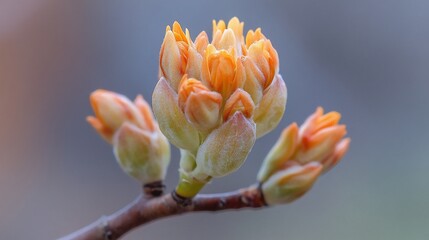 Tightly clustered orange blossoms emerging on branch