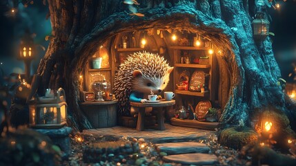 Fototapeta premium A Magical Hedgehog Barista Crafting Latte Art in a Cozy Tree Caf