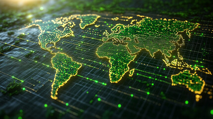Global digital network map, with glowing green and gold world outline on a dark grid.