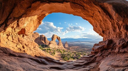 Scenic view through arch at arches national park, utah desert landscape