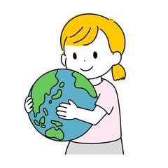 地球を抱える女の子のイラスト（SDGs・環境・未来の子ども）
