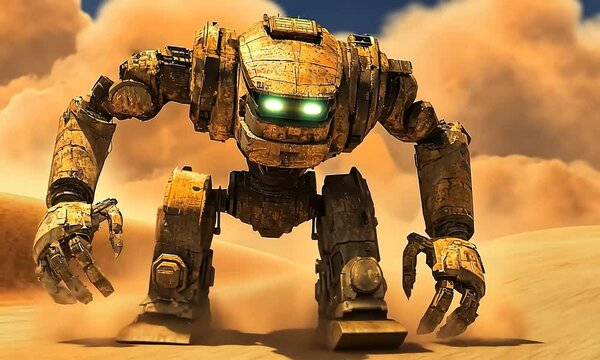 A robotic creature with glowing eyes navigates a sandy desert landscape under a blue sky