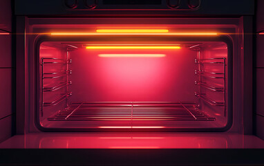 Obraz premium A modern oven interior showcasing vibrant lighting, perfect for culinary inspiration and kitchen designs.