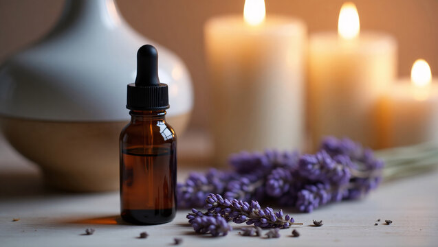 Dropper bottle with lavender essential oil near ceramic diffuser, dried flowers and candles in soft evening light, natural aroma therapy and peaceful wellness mood, no text