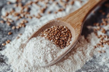 Wooden spoon holds flax seeds and flour