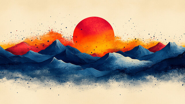 Abstract landscape painting of a vibrant sunset over a mountain range, with textured brushstrokes and vibrant color palette.