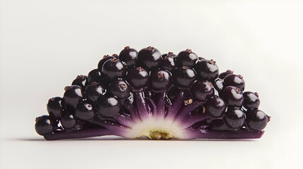 Close-up of a dark purple fruit slice, showing numerous small, glossy dark purple berries clustered around a fan-shaped, lighter purple stem