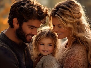 A happy young family of three poses lovingly together outdoors in soft autumn sunlight embracing their little daughter.