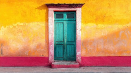 Vibrant teal door on colorful yellow and red wall in sunlight