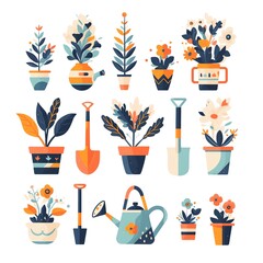 Vibrant potted plants and gardening tools, a delightful collection of colorful flora and essential equipment for plant care.