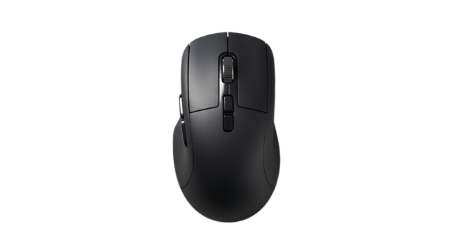 Overhead view of a modern ergonomic black wireless computer mouse againstIsolated on transparent background