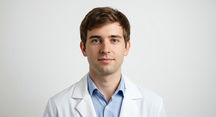 Man Wearing Lab Coat Looking at Camera with Calm Expression