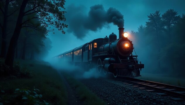 Spooky ghost train ride at night, dark and mysterious Fog, shadows, and eerie atmosphere , horror, supernatural