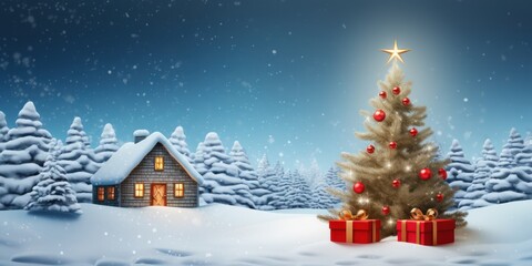 Naklejka premium A cozy, snowy winter scene with a small house, a Christmas tree, and presents in the foreground, with a snow-covered forest and a star in the background.