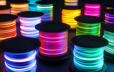 Colorful neon spools of wire illuminate a creative workspace, showcasing vibrant hues for artistic projects.