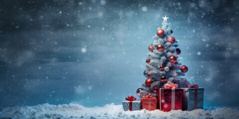A snow-covered Christmas tree with red and silver ornaments and presents under it, against a blue and white snowy background with snowflakes falling.