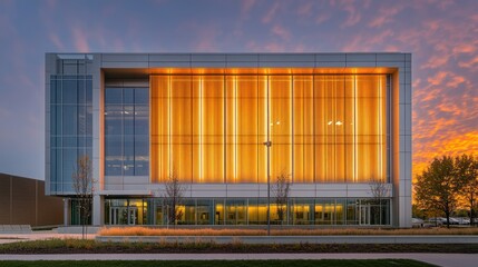 Fototapeta premium Illuminated Modern Building at Sunset