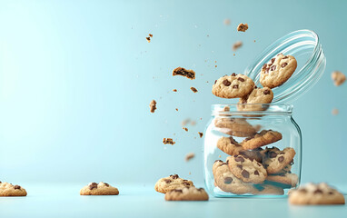 Freshly baked chocolate chip cookies spilling from a glass jar against a soft blue background.