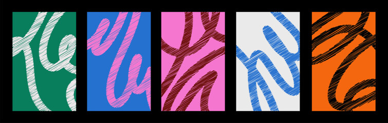 Fototapeta na wymiar Set of contemporary abstract art. Posters with soft geometric shapes, colourful loops, bended lines, stylized curves. Modern artworks in doodle style. Interior decoration. Flat vector illustrations