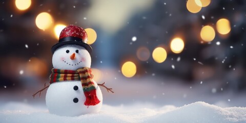 Obraz premium A snowman with a red hat and scarf, standing in a snowy landscape with a blurred background of lights and trees.