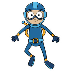 Fototapeta premium Smiling cartoon scuba diver in blue