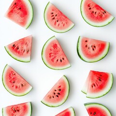 A vibrant arrangement of juicy watermelon slices on a white background, forming a visually appealing pattern