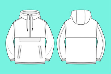 Black and White outwear half zip though hoodie outline flat sketch template Front and Back views.