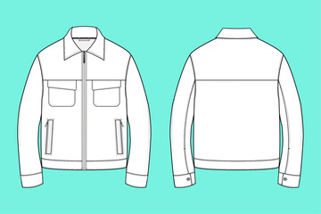 Men's Zip Through black and white outwear jacket outline flat sketch template Front and Back views.