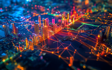 Obraz premium Vibrant aerial view of a neon-lit cityscape showcasing modern towers and network connections at night.