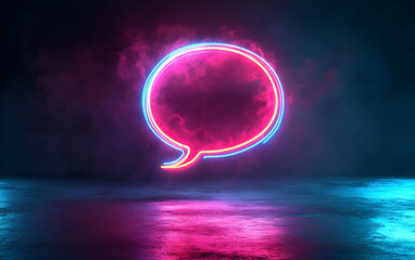 Vibrant neon speech bubble glowing against a dark, misty background, representing communication and dialogue.