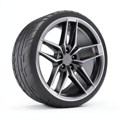 Fototapeta premium Car tire with rim five spokes design on white background