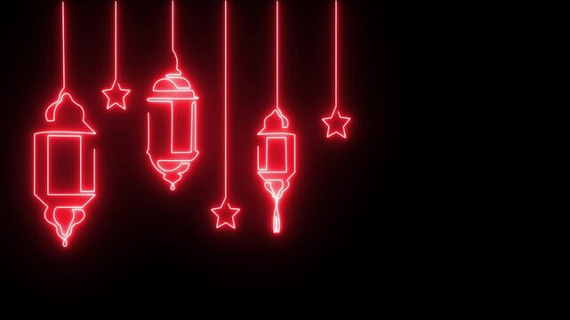 Neon glowing One continuous line of Ramadan kareem. Islamic decoration with lanter and star in simple linear style. muslim religious holiday celebration. Editable stroke.