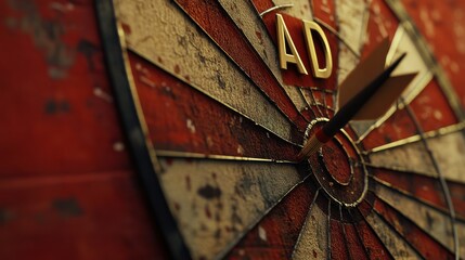 Fototapeta premium Weathered Dartboard with Arrow Hitting Bullseye Close Up