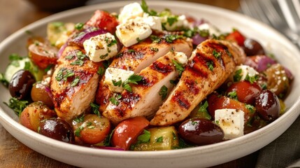 Grilled chicken mediterranean salad with olives, feta, and fresh herbs