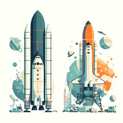 Obraz premium Rockets Ready for Liftoff A Stunning Visual Depiction of Space Exploration, Featuring Two Powerful Spacecraft Poised for Launch.